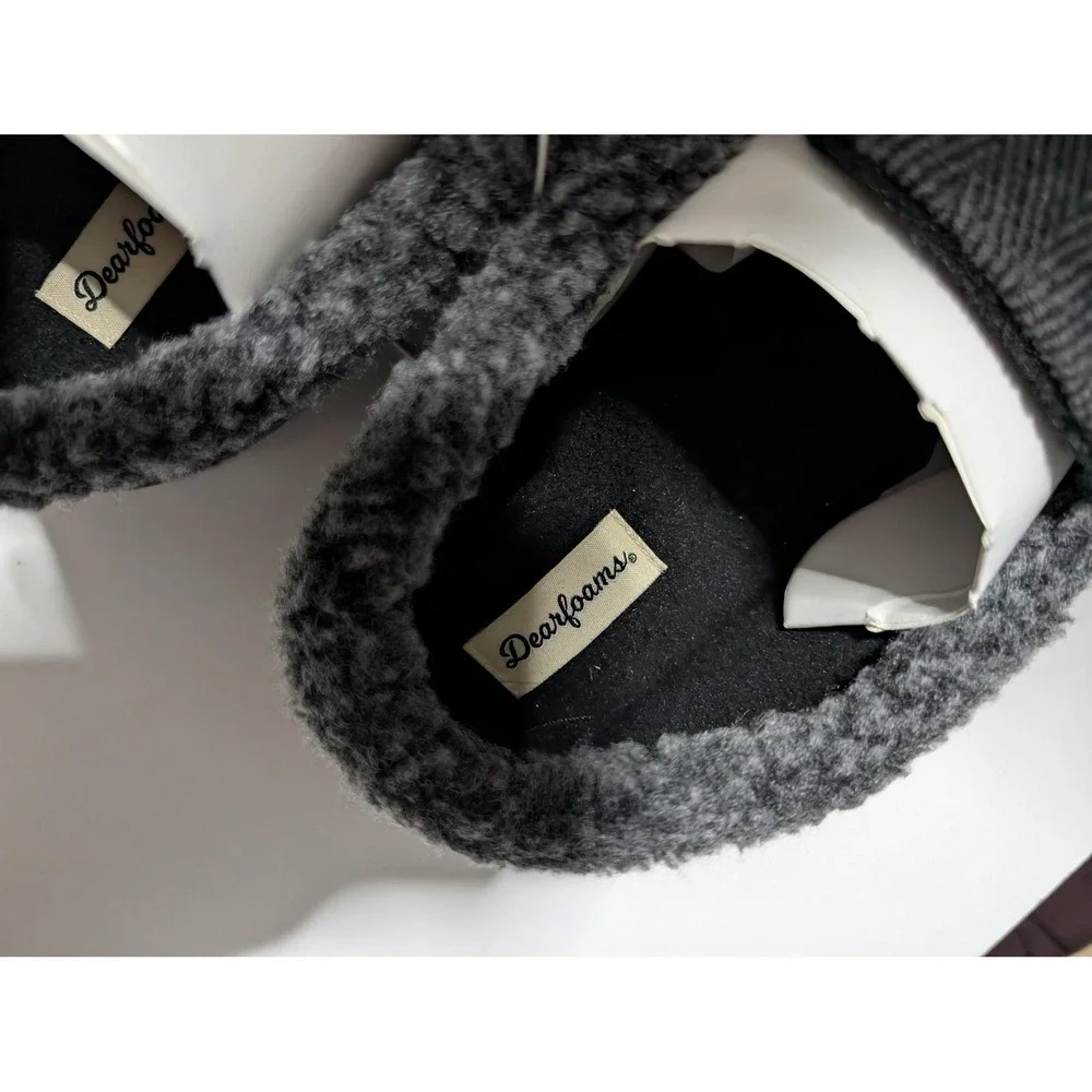 Dearfoams Slippers Mens Size 7-8‎ S Gray Herringbone Memory Foam Moccasin Faux